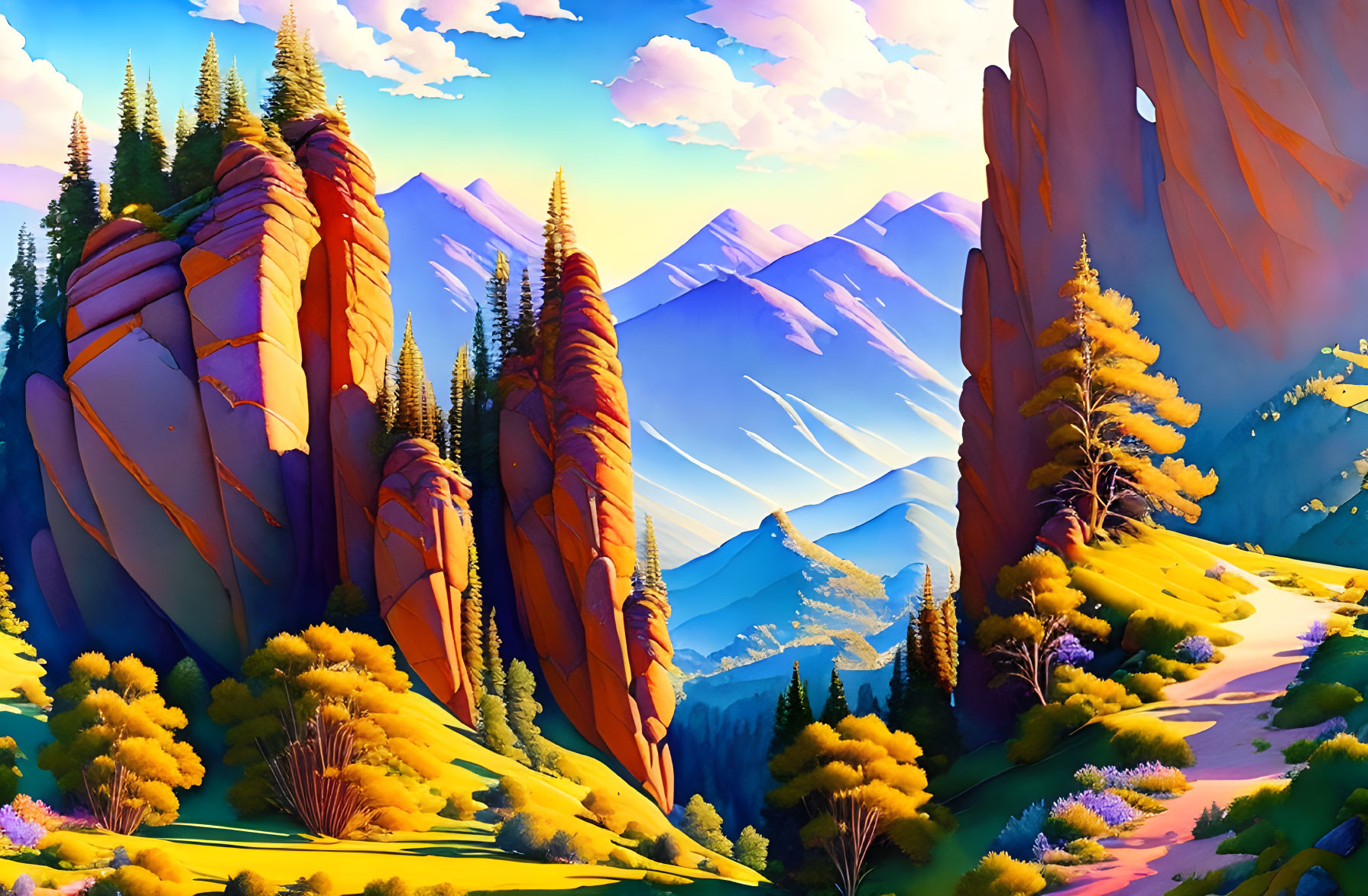 Vibrant landscape with orange rock formations, evergreen trees, sunlit path, and blue mountains