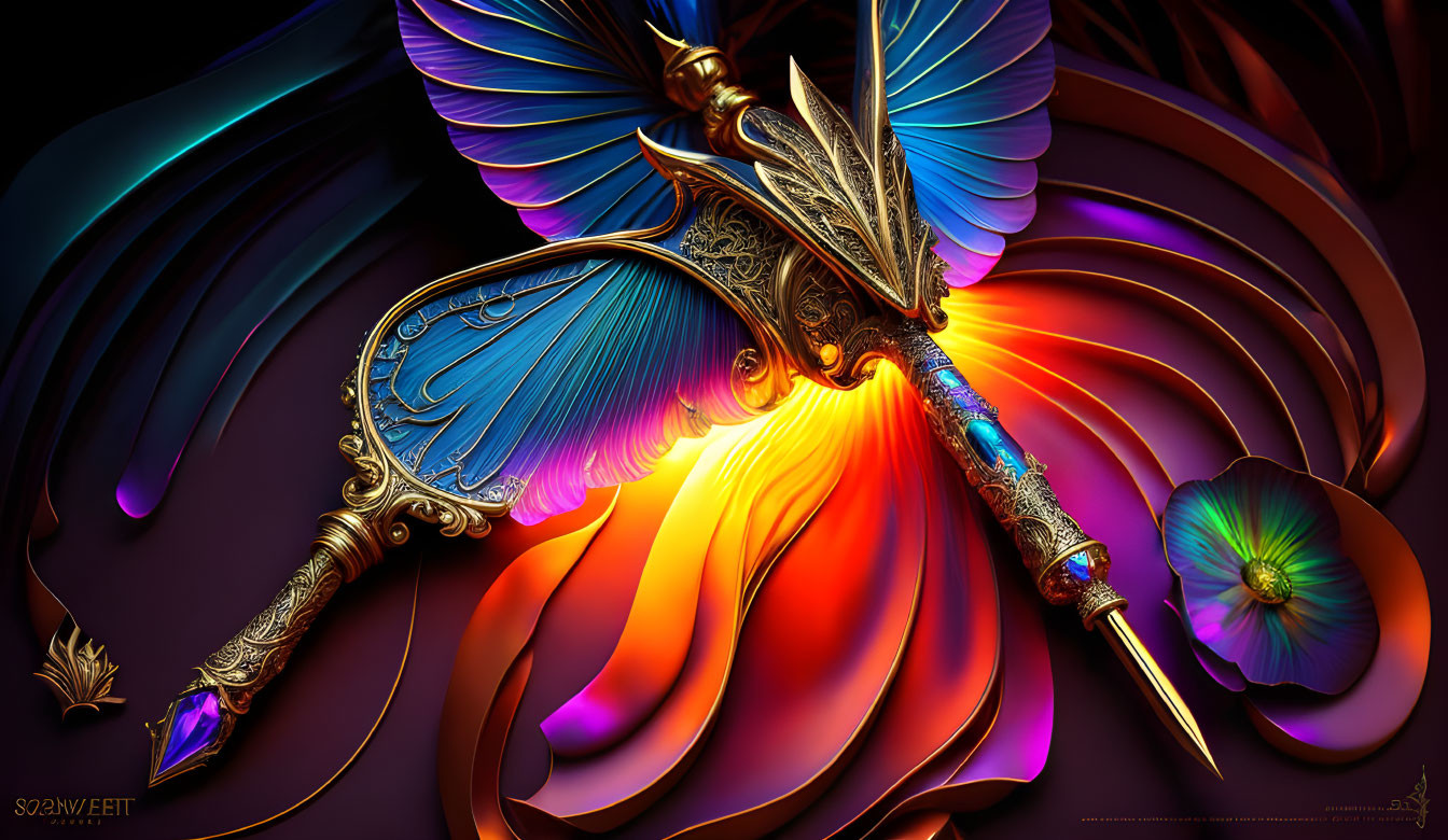 Colorful Stylized Dagger with Butterfly Wings on Abstract Background