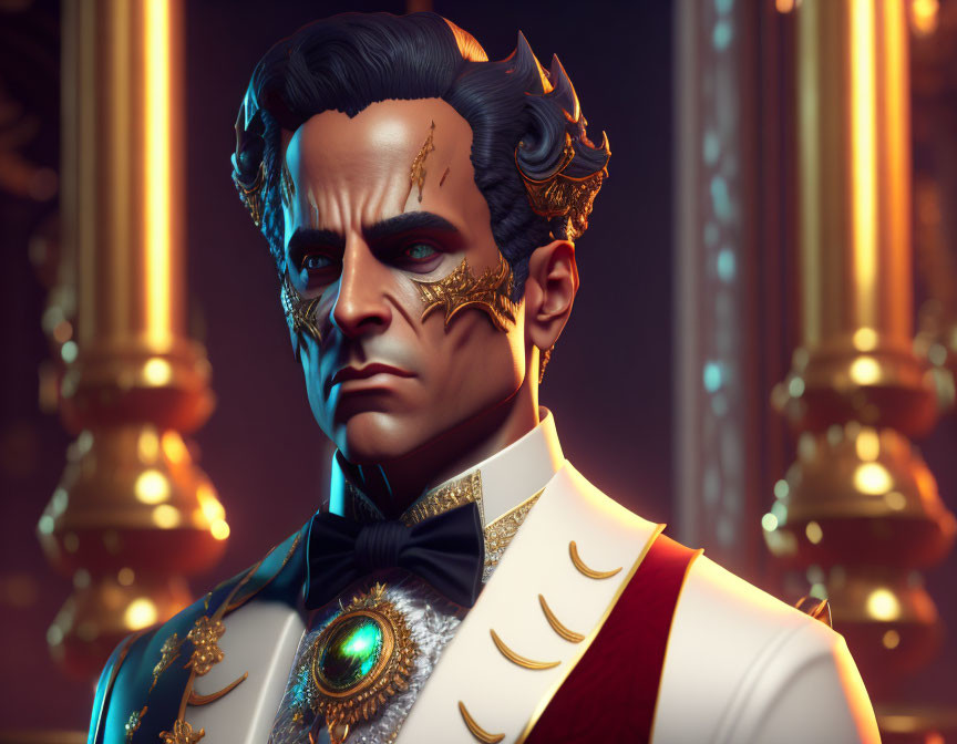 Stylized 3D Portrait of Man in Regal Attire with Golden Cracked Skin