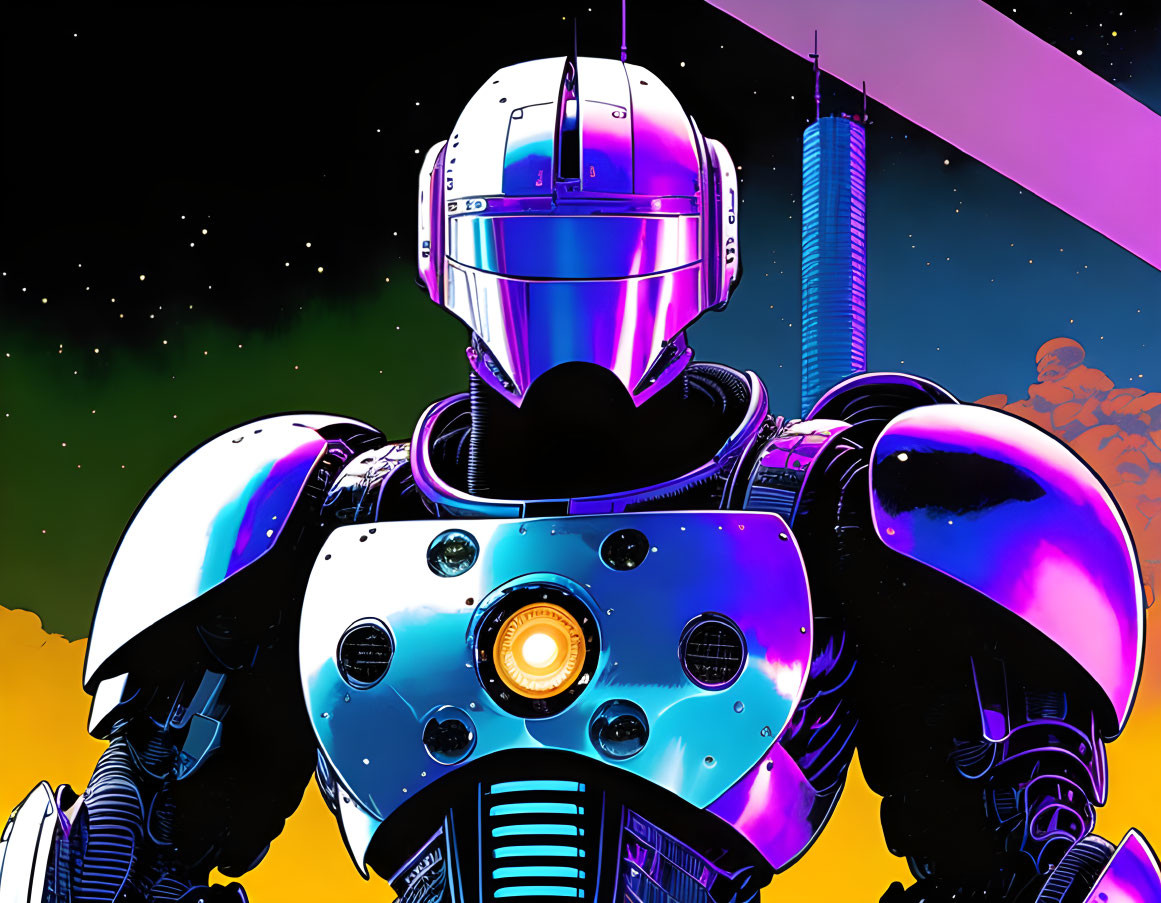 Futuristic robot in helmet and armor on cosmic backdrop with stars, sky, and skyscrapers