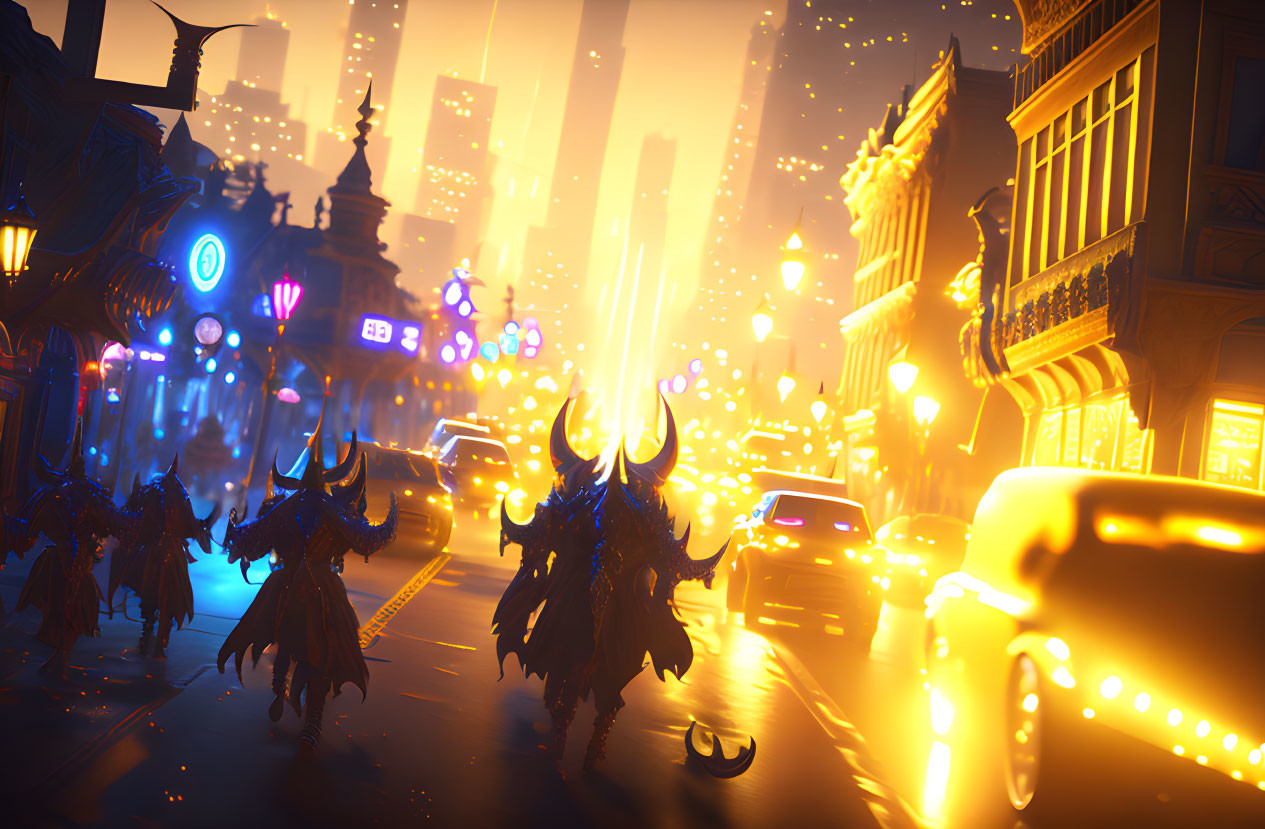 Fantasy creatures with horns in neon-lit city street at dusk