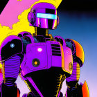 Vibrant stylized robot with visor against urban skyline on pink and yellow backdrop