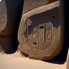 Sunlit sandstone temple doorway with Egyptian hieroglyphs buried in desert sands