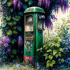 Vintage Green Gas Pump Among Lush Foliage and Purple Flowers