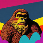 Colorful Gorilla Artwork on Striped Background with Cloud-like Patterns