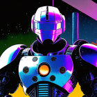 Futuristic robot in helmet and armor on cosmic backdrop with stars, sky, and skyscrapers