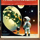 Vintage-style Space Exploration Poster with Astronauts and Lunar Landscape