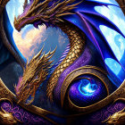 Majestic Blue Dragon with Golden Embellishments and Glowing Eyes