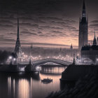 Twilight monochromatic cityscape with bridge, river, tree, and cloudy sky