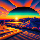 Vibrant sunset landscape with undulating hills and winding road