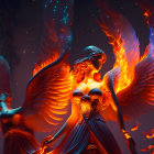 Stylized fiery phoenix females with elaborate wings and ornate headdresses in vibrant colors