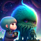 Colorful illustration of three cute, alien creatures under a starlit sky