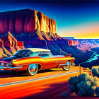 Vintage Car Desert Sunset Illustration with Colorful Sky