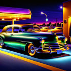 Vintage car with neon underglow parked outside vibrant diner at dusk