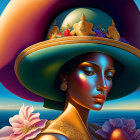 Surreal illustration of woman with landscape hat by sea and setting sun