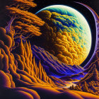 Surreal landscape with purple mountains, golden clouds, and Earth in starry sky