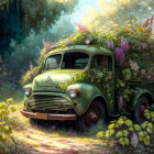 Overgrown Green Truck in Sunlit Forest Clearing