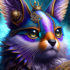 Vibrant mythical cat illustration with multicolored fur and golden armor