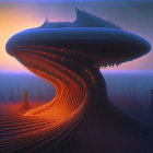 Fantastical landscape with mushroom-shaped structures at twilight