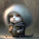 Child in hooded cloak with large eyes holding storybook beside tiny white creature in misty forest