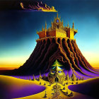 Surreal painting: grand castle on volcanic island with flowing lava