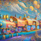 Colorful Steam Locomotives on Parallel Tracks Amid Psychedelic Background