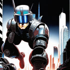 Futuristic law enforcement officer in armored gear crouching on a vehicle in comic book illustration