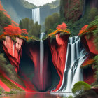 Colorful surreal landscape with waterfalls, peaks, and figure on cliff