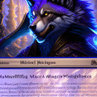 Mystical wolf with ornate armor and glowing blue eyes on dark magical background