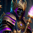 Skeletal figure in blue and gold armor with glowing purple spear