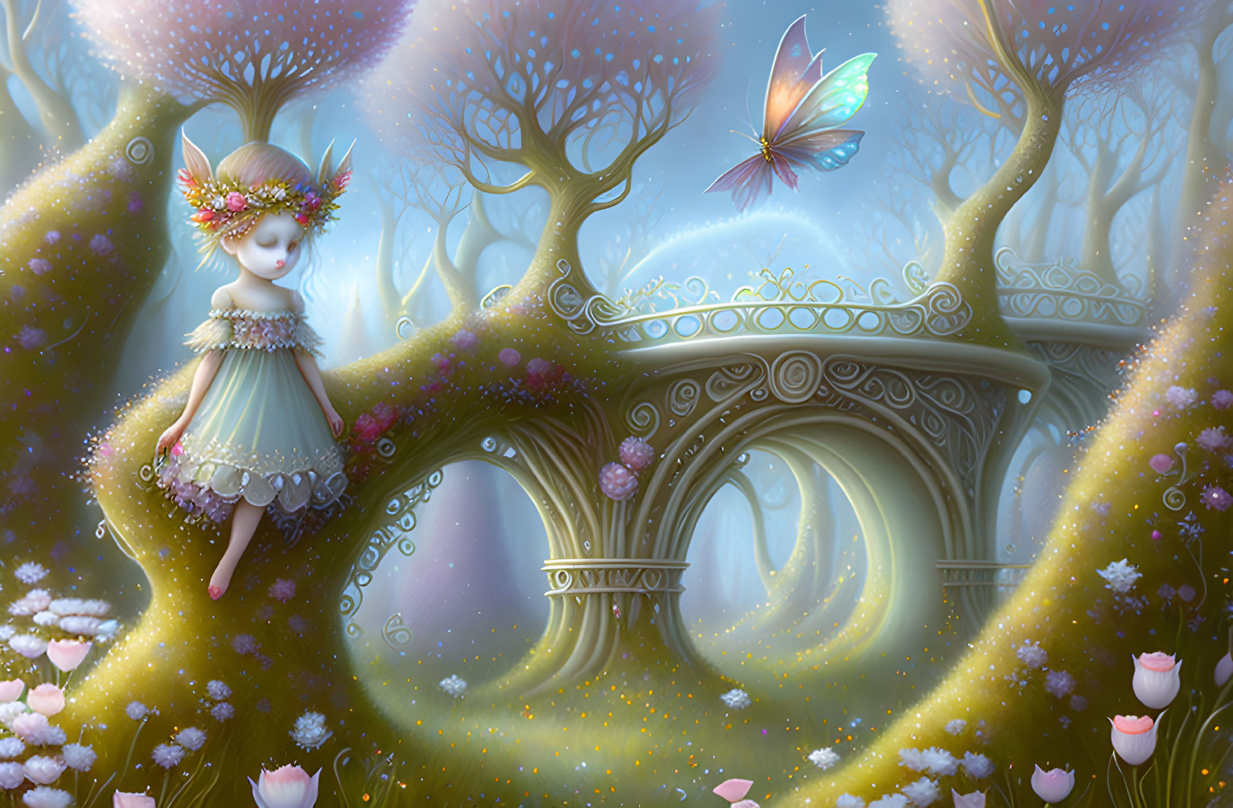 Illustration of fairy girl with floral crown on ornate forest bridge