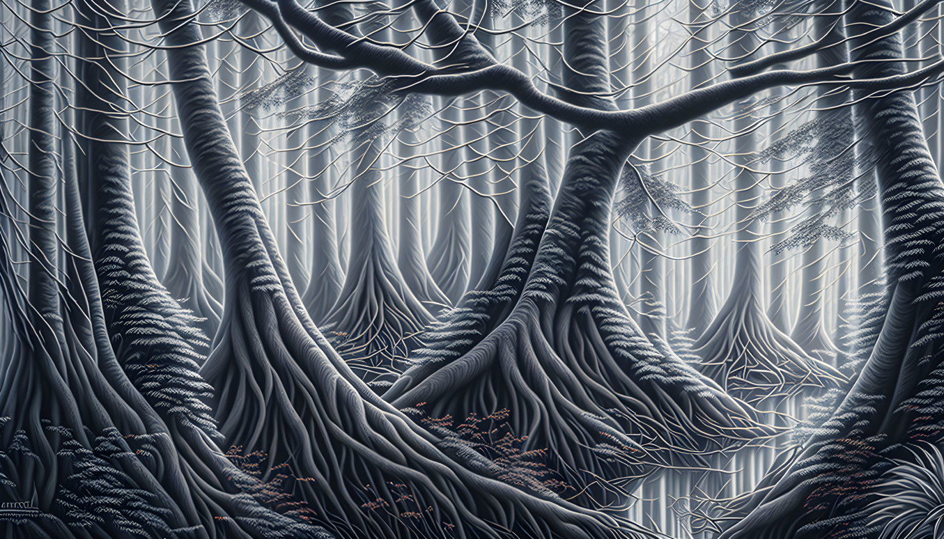 Detailed monochromatic forest scene with twisting roots and dense trees