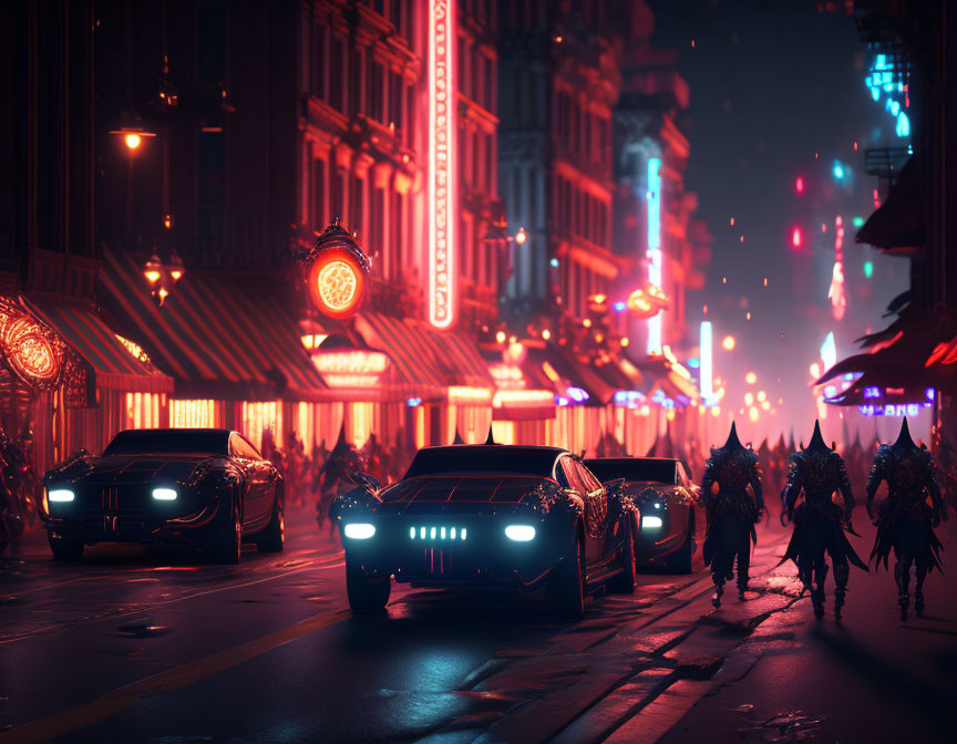 Futuristic city street at night with neon lights, sleek cars, and armored figures under red sky