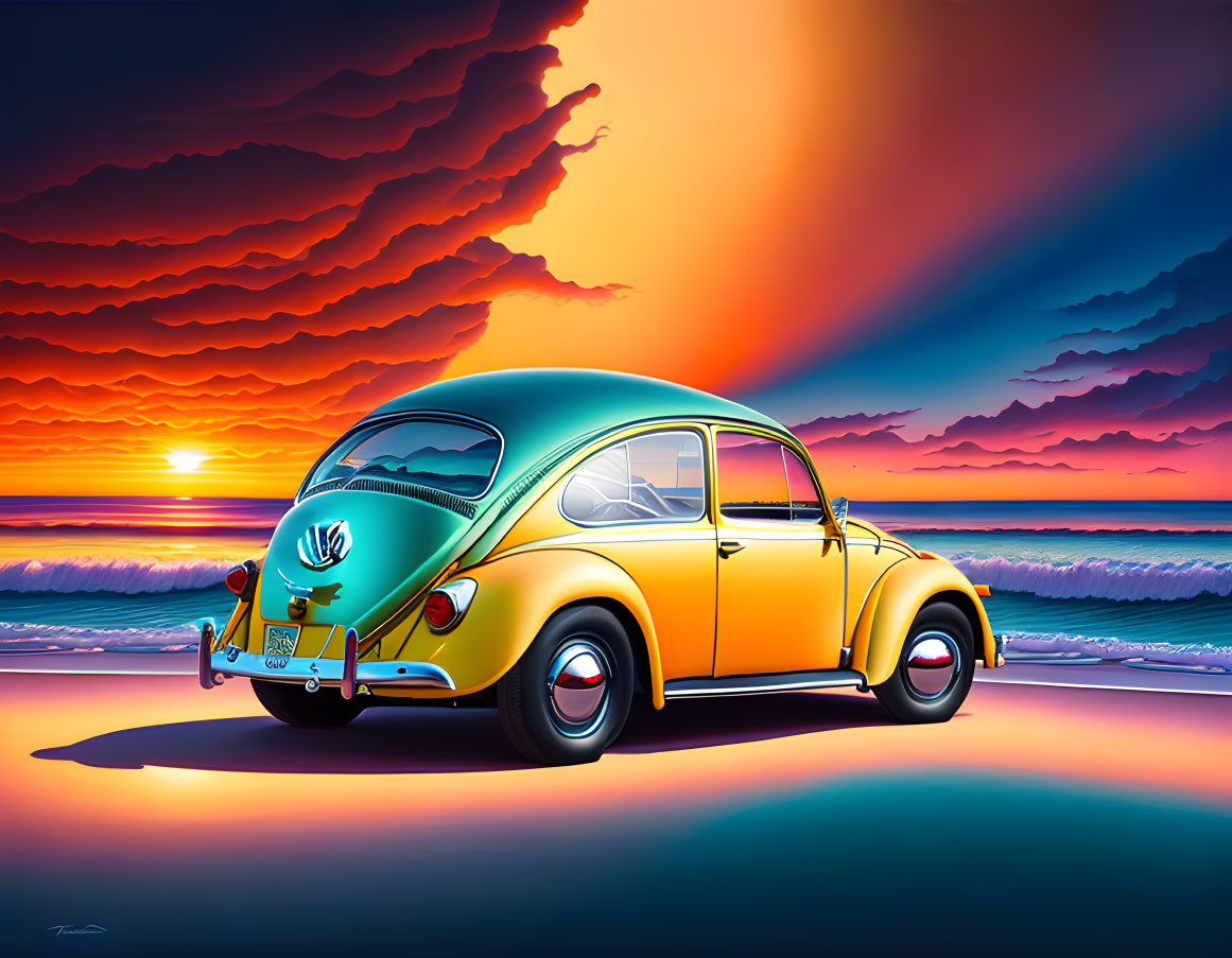 Colorful Sunset Scene: Vintage Volkswagen Beetle at Beach