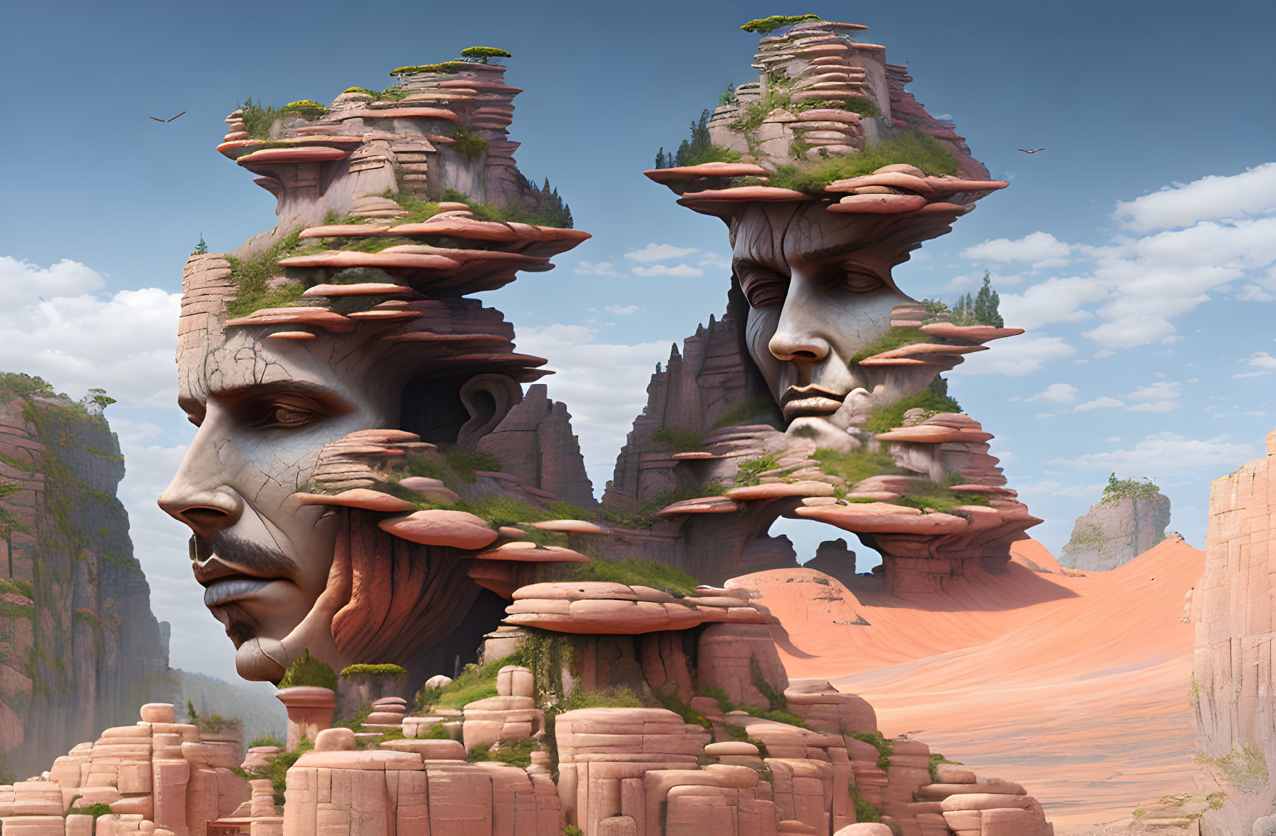 Surreal landscape: towering stone heads with greenery under blue sky