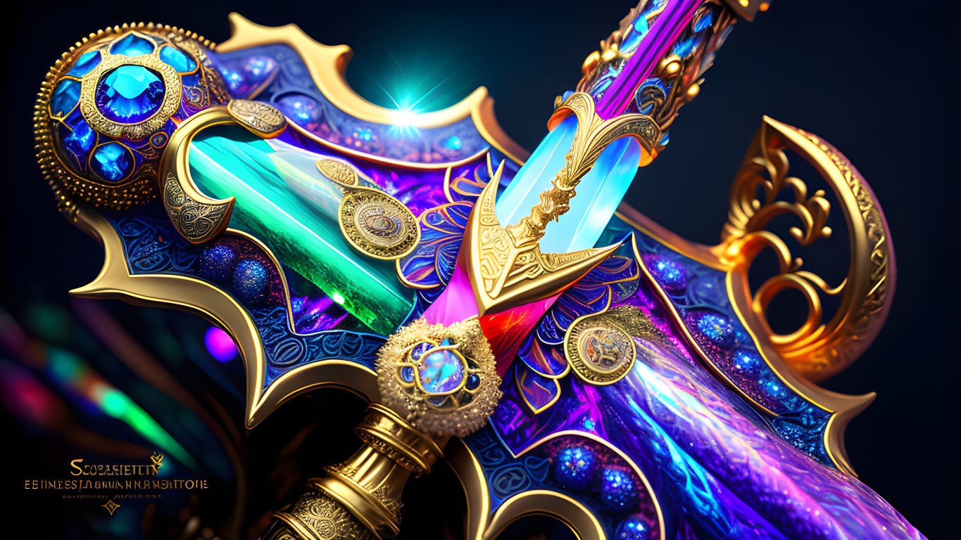 Ornate Sword with Gold Detailing and Glowing Gems in Celestial Colors