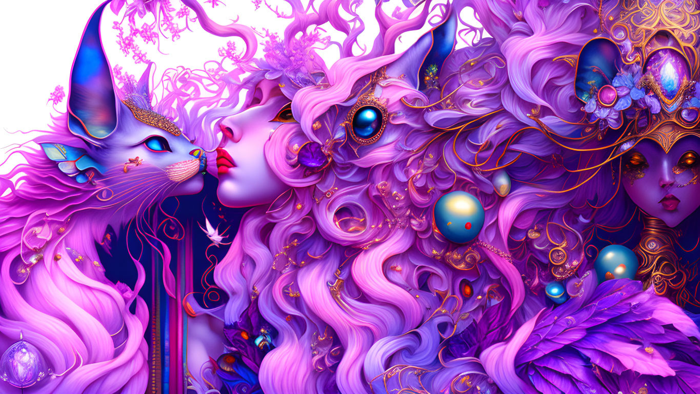 Fantasy illustration of woman with purple hair and blue-eyed cat in whimsical setting