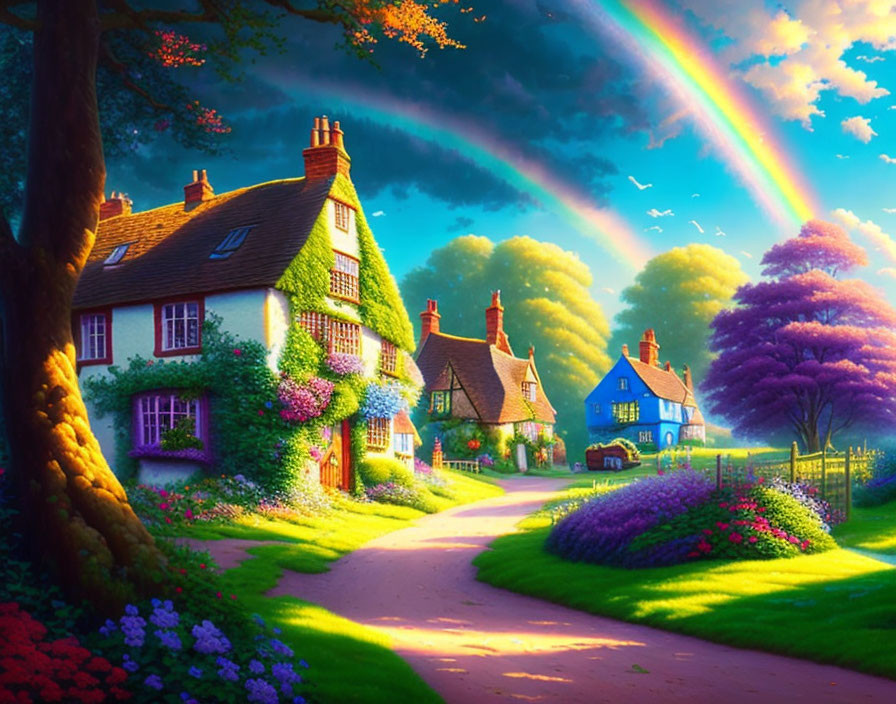 Scenic village with cottages, flowers, greenery, double rainbow