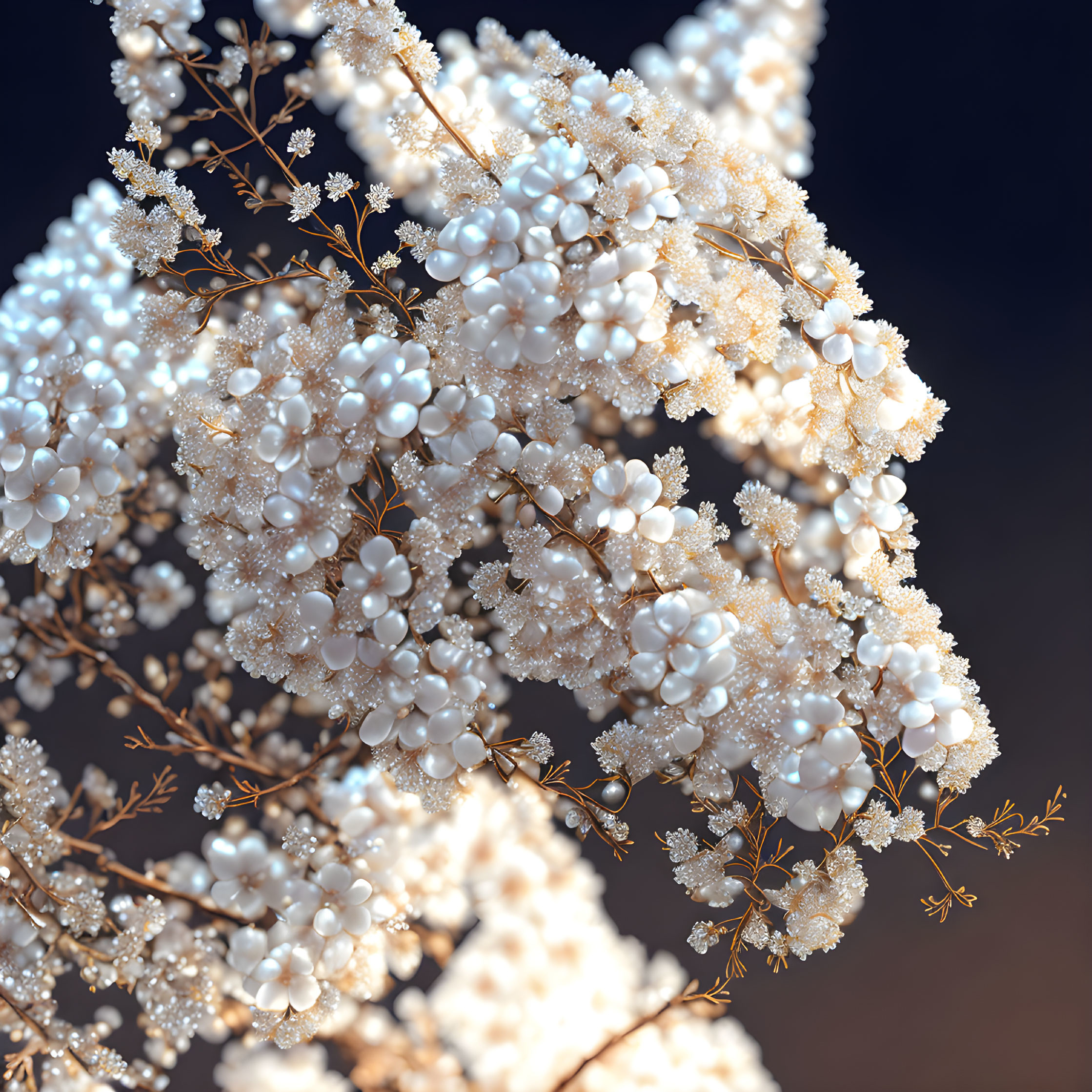 Intricate white blossoms on thin branches against blue background