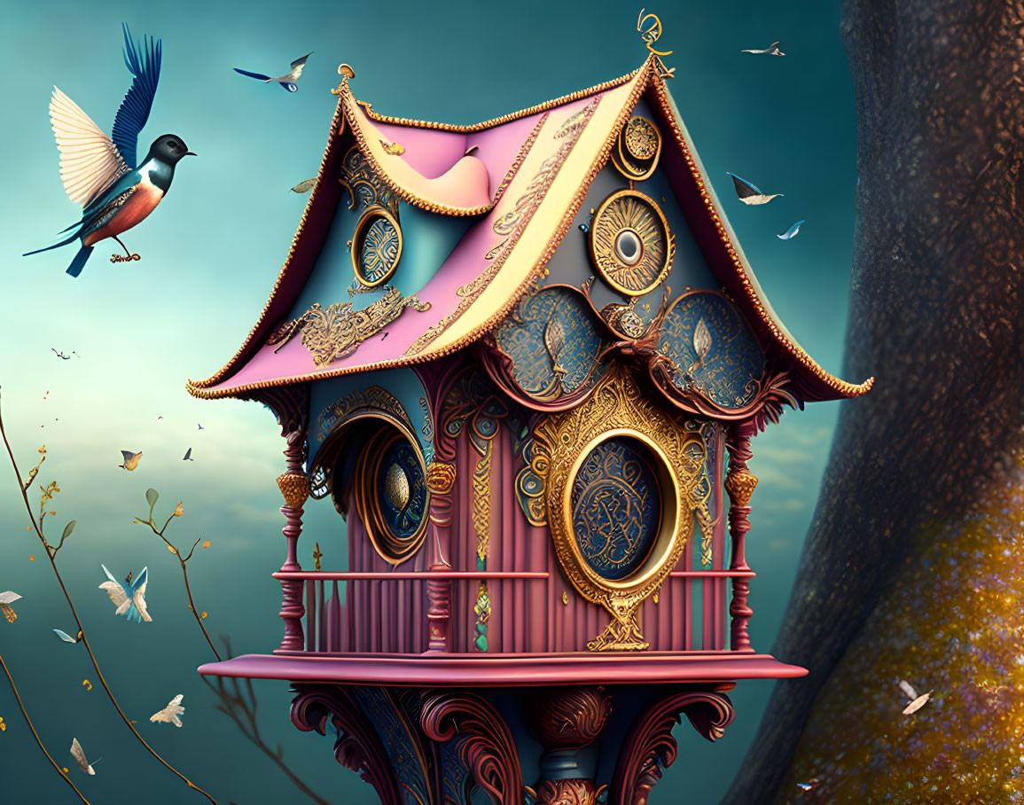 Ornate birdhouse with golden details, birds in flight, and tree backdrop