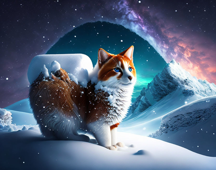 Fluffy orange and white cat in snowy mountain landscape under starry sky.