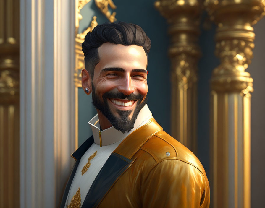 Bearded man in yellow leather jacket against ornate golden backdrop