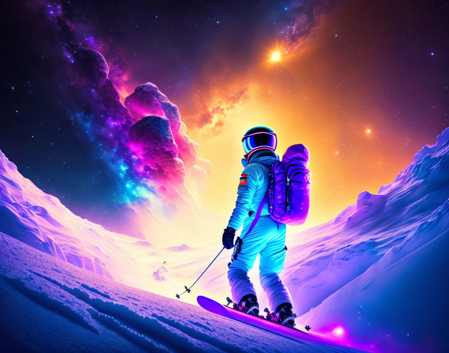 Astronaut skiing on snowy alien terrain under colorful sky