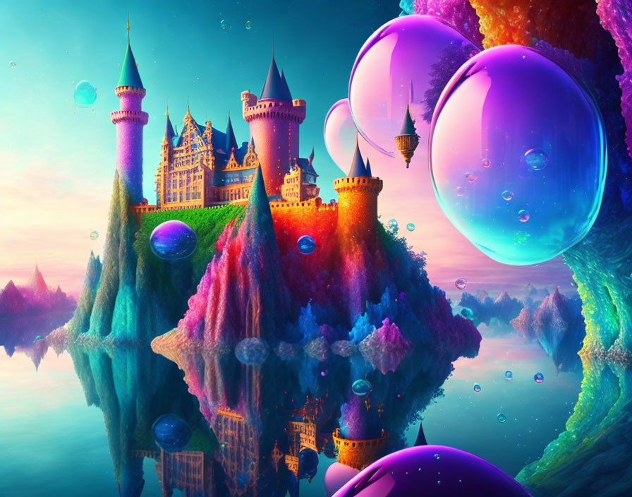 Fantastical castle on floating island with bubbles and hot air balloon in vibrant landscape