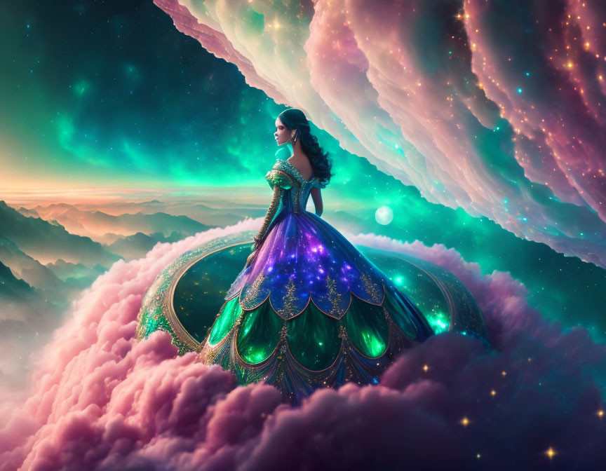 Vibrant peacock-themed gown woman gazes at cosmic nebula on cloud