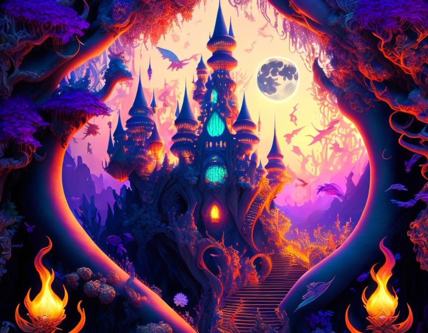 Fantasy landscape with glowing castle, moonlit sky, fiery blooms, mystical trees