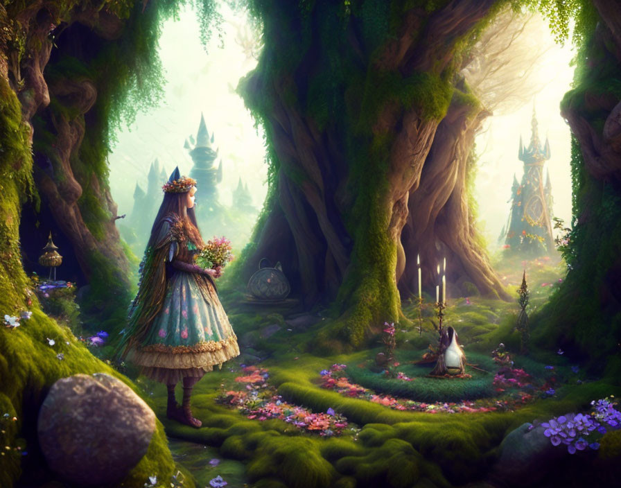 Enchanting figure in dress surrounded by mystical forest scene