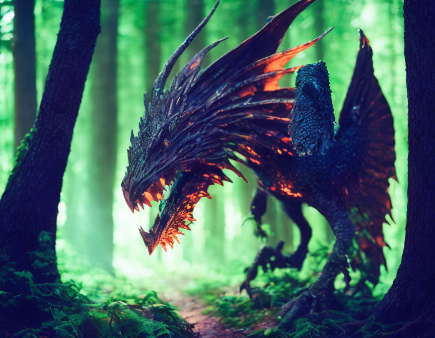 Majestic dragon with glowing orange accents in mystical forest