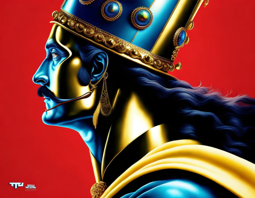 Regal figure illustration in blue and gold crown on red background