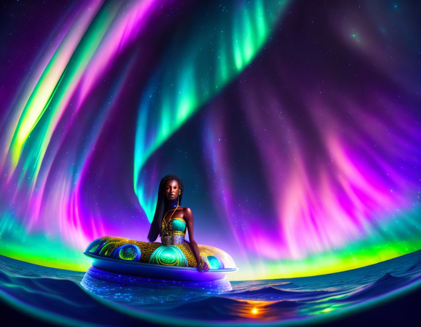 Woman floating on illuminated raft under vibrant aurora borealis